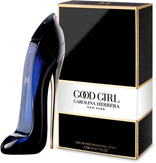 Een parfumfles in de vorm van een hoge hak schoen naast een zwart en gouden doos. De doos heeft de naam 'Good Girl' en ontwerpdetails.
