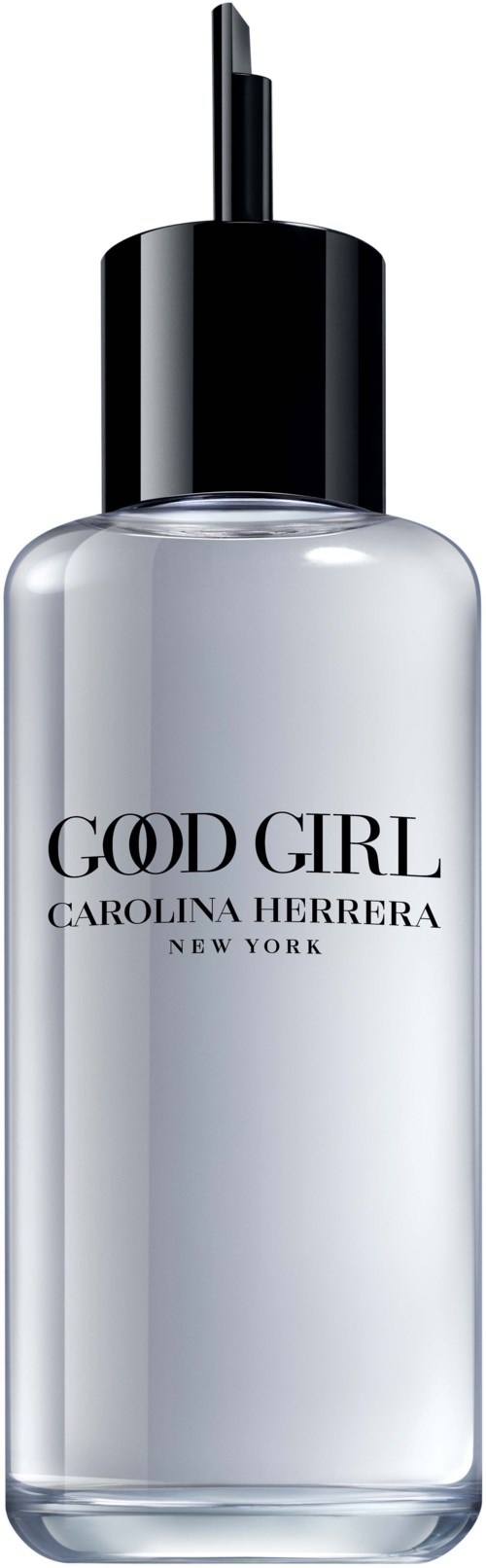 Een heldere glazen fles met een zwarte spraydop, gemarkeerd 'Good Girl' door Carolina Herrera, New York.