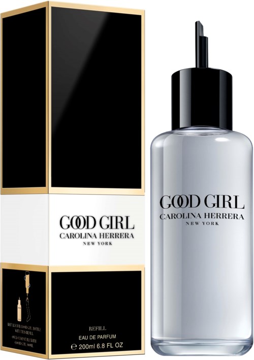 Een parfumfles en verpakking met zwart-wit ontwerp, gelabeld 'Good Girl' door Carolina Herrera uit New York.