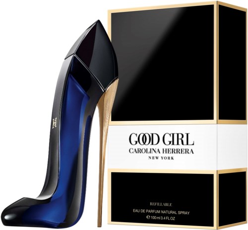Parfumdoos met een high-heel schoenontwerp, getiteld 'Good Girl' door Carolina Herrera, in zwart en blauw kleuren.