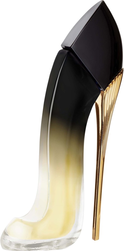 Ett högt klackaskor i svart och guld, med en transparent glasklack och böjd form.