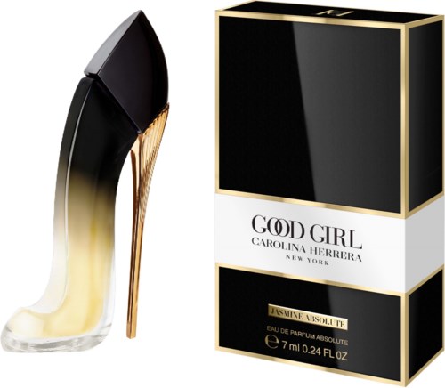 En parfymflaska i form av en hög klack bredvid en svart och guld box märkt 'Good Girl' av Carolina Herrera.