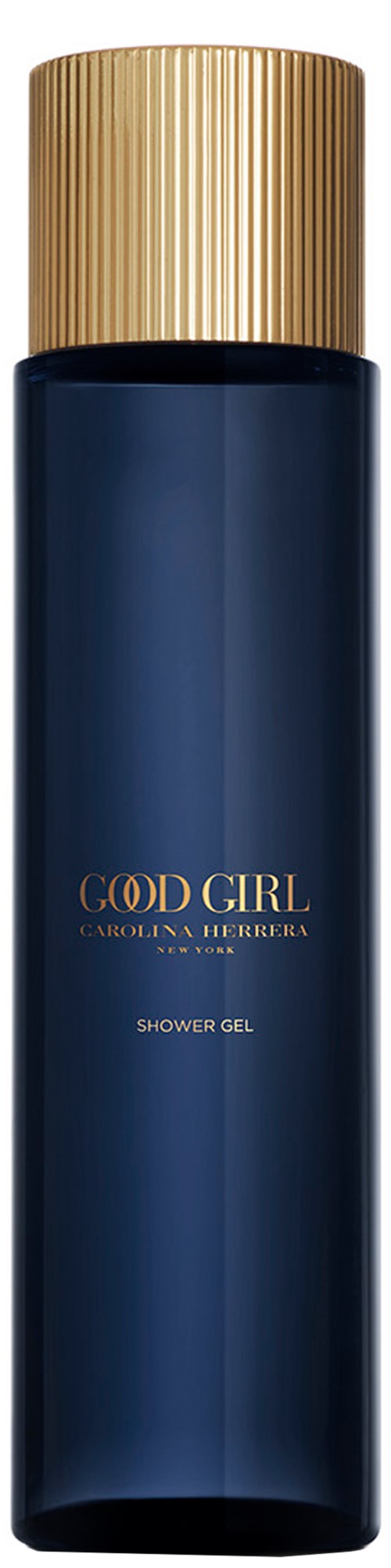 Een donkerblauwe douchegel fles met gouden dop en gouden tekst "God Girl".