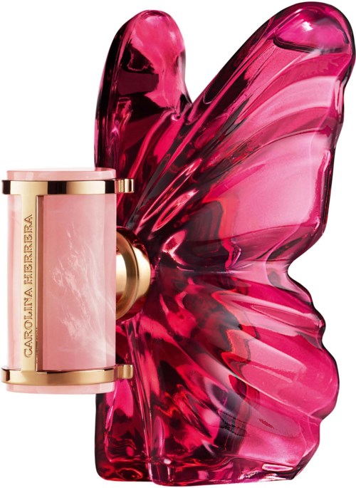En rosa parfymflaska med ett fjärilsformat glasöverdrag, guld- och rosa design samt en cylindrisk behållare.