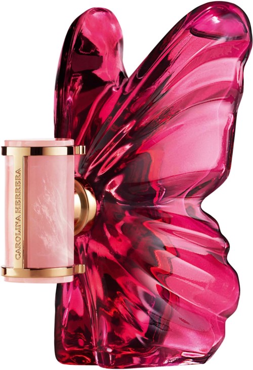 Een roze parfumfles in de vorm van een vlinder met een gouden ring en klein formaat. Elegant en levendig ontwerp.
