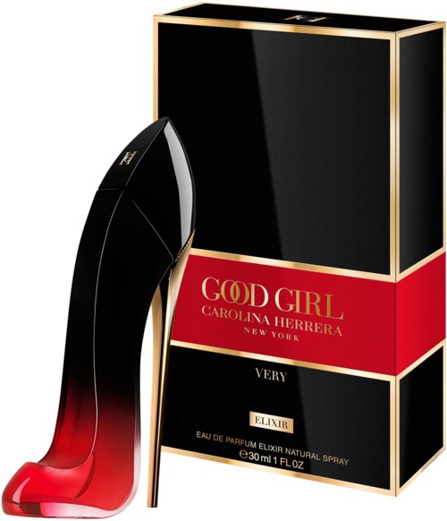 Een parfumfles in de vorm van een hoge hak, zwart en rood, met een bijpassende zwarte en rode doos met gouden accenten.