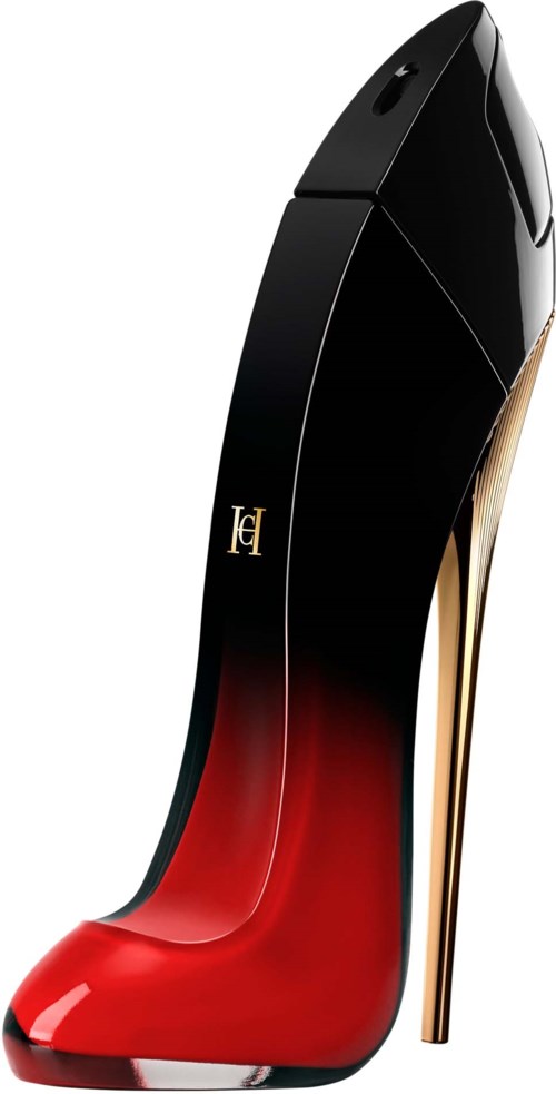 Een schoen die eruitziet als een hooggehakte parfumfles in zwart, rood en goud.