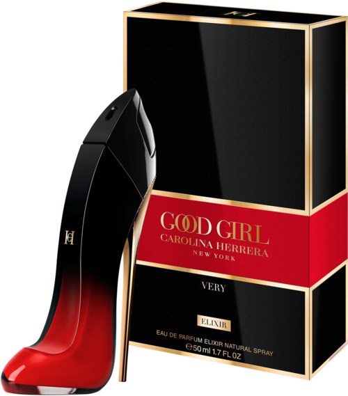 Een parfumfles in de vorm van een hoge hak, naast een zwart en goudkleurig doosje met een rood label. Het parfum heet "Good Girl".