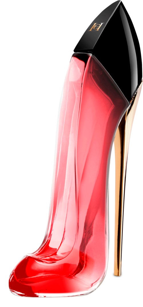 Ein Parfümflasche in Form eines High-Heel-Schuhs, hauptsächlich rot mit schwarzen und goldenen Akzenten.
