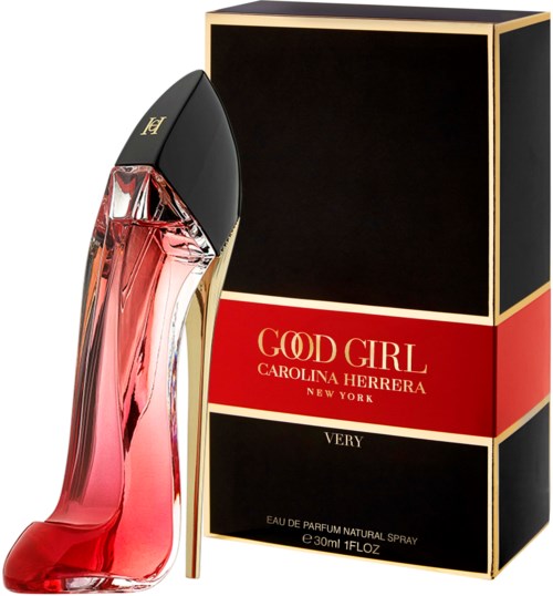 Ein Parfümflasche in Form eines High Heels, mit schwarzem und goldenem Deckel, neben einer Schachtel mit der Aufschrift 'Good Girl'.