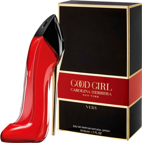 Een parfumfles in de vorm van een hoge hak schoen naast een bijpassende doos, beiden gelabeld 'Good Girl' door Carolina Herrera.