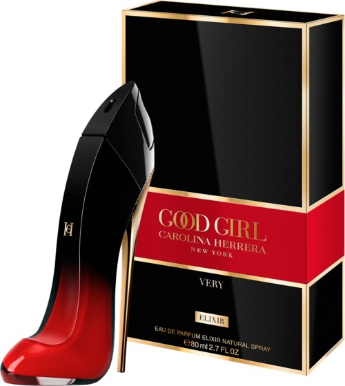 Een parfumfles in de vorm van een hoge hak schoen naast een zwart en rood doosje. Het parfum heet 'Good Girl' door Carolina Herrera.