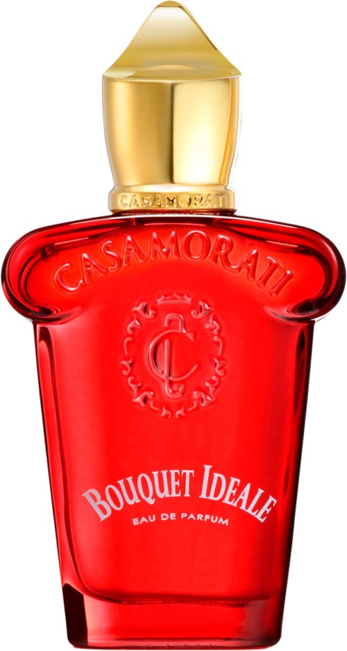 Een rood parfumflesje met gouden klep, met de woorden 'Casamorati' en 'Bouquet Ideale' op de voorkant.
