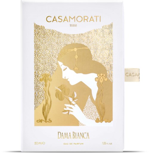 Białe opakowanie z złotą ilustracją kobiety wąchającej kwiat, ozdobne wzory i tekst 'Casamorati' oraz 'Dama Bianca.'