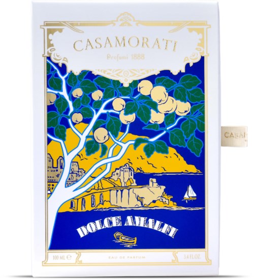 A perfume box with a painting of a tree and a seaside landscape, gold and blue colors, and the brand name Casamorati.