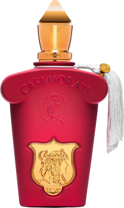 Rood parfumflesje met gouden dop, kwast en embleem. De merknaam 'GAS MOURAT' staat erop gedrukt.