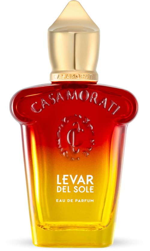 Een parfumfles met een gouden dop, rode en gele kleuren, en de woorden Levar del Sol.