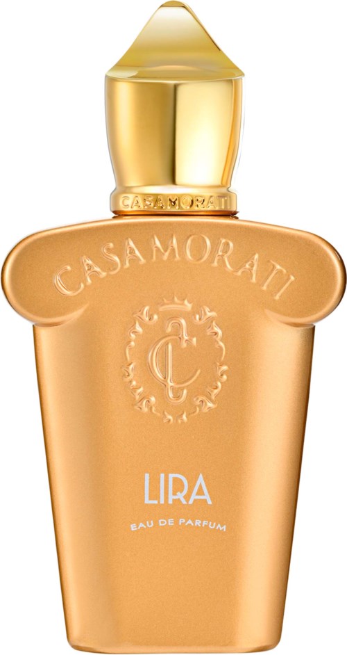 Een goudkleurige parfumfles met ronde vorm, gegraveerd met 'Casamorati' en 'Lira', met een gouden dop.