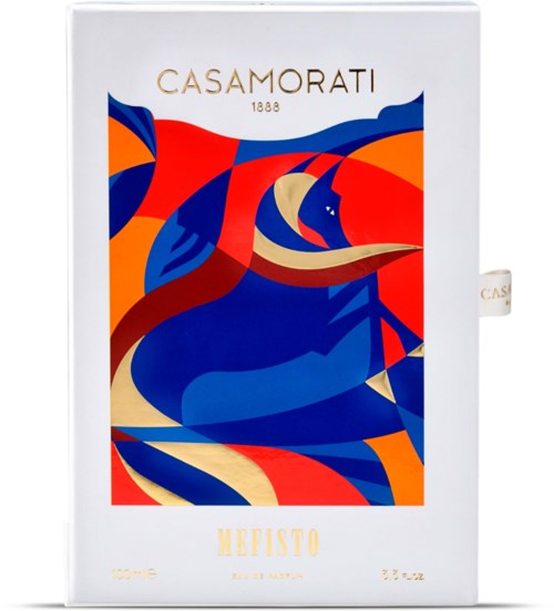 Fargerik abstrakt kunst med røde, blå, oransje og beige former, og ordene 'CASAMORATI' og 'MISTO'.