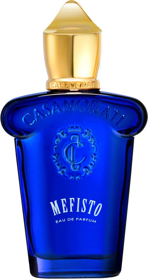 Een blauwe parfumfles met een gouden dop en zegel, met de woorden 'Casamorati' en 'Mefisto'.