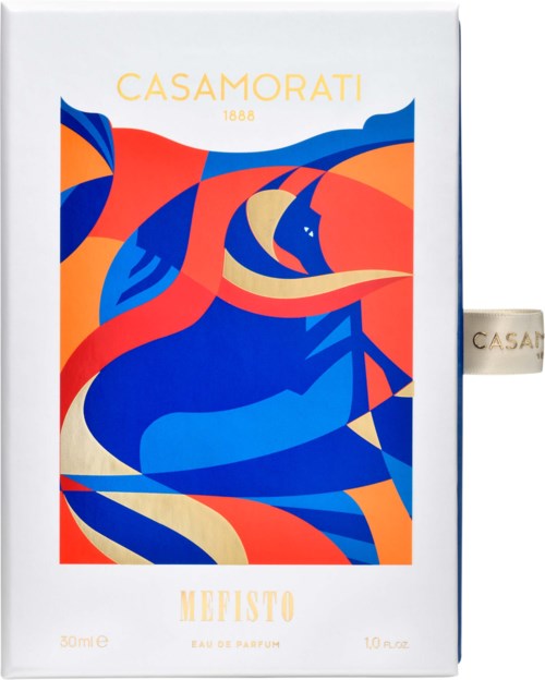 Een parfumdoos met kleurrijk abstract kunstwerk, merknaam Casamorati en geurnaam Hefisto.