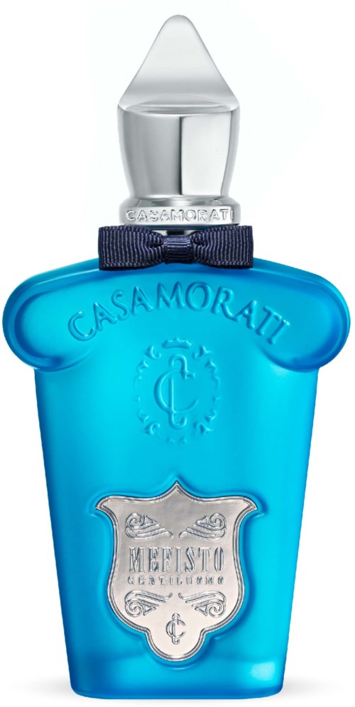 Een blauw parfumfles met zilveren dop en zwarte strik, gelabeld Casamorati, Meisto Aromas.