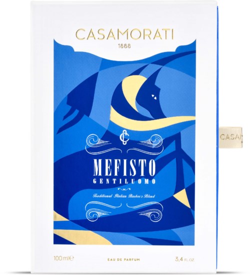 Een parfumdoos met blauw ontwerp, gouden tekst en een maan- en golfillustratie. Bevat Mefisto Gentiluomo parfum.