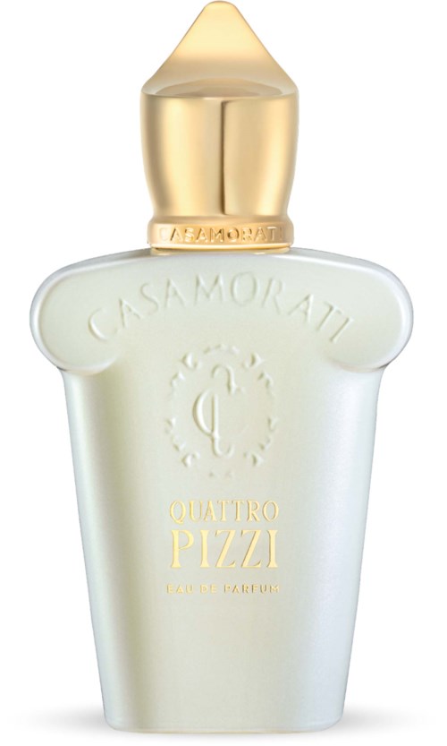 Een witte parfumfles met een gouden dop en letters, gevormd als een chef-kapo, met de tekst 'Gazalora Quattro Pizza.'