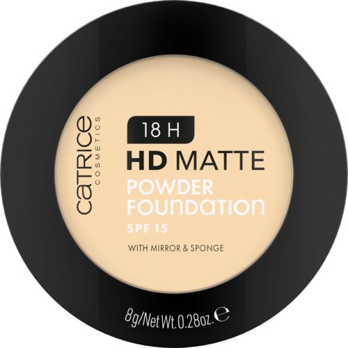 Een ronde verpakking van Catrice HD Matte Powder Foundation met spiegel en spons, SPF 15, 8g.