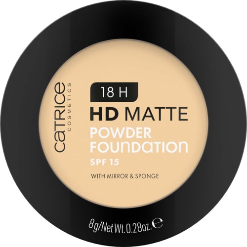 Catrice HD matte powder foundation with mirror and sponge, SPF 15, 8g, on a black compact.