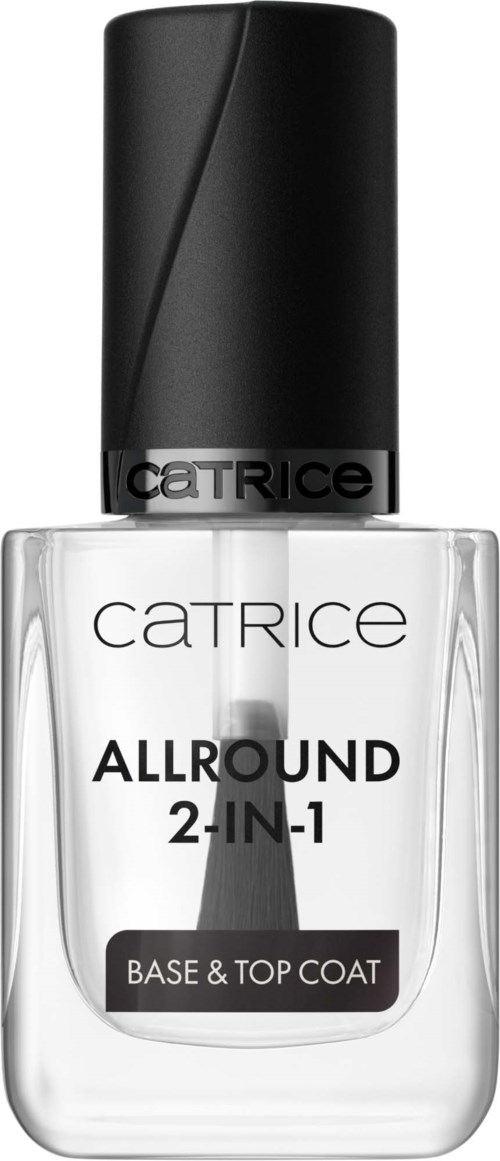 Een heldere nagellakfles met een zwarte dop, gemarkeerd 'Catrice Allround 2-in-1, Base & Top Coat.'