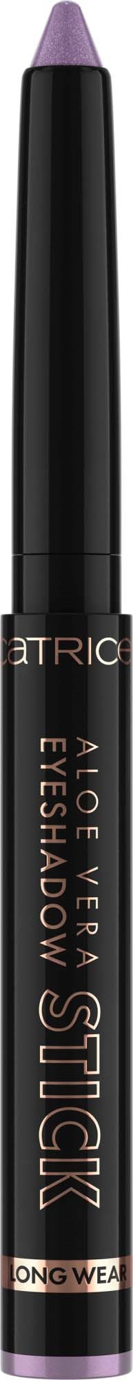 Eine schwarze, stiftförmige Make-up-Produkte mit lila Spitze für Augenbrauen, gekennzeichnet mit 'Sticken' und 'Aloe Vera Eyeshadow'.