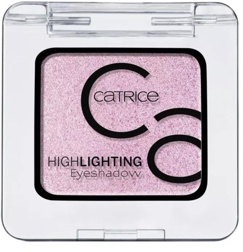 A small, square eyeshadow container with pink shimmer inside and black text on the lid, labeled 'Catrice Highlighting Eyeshadow.'