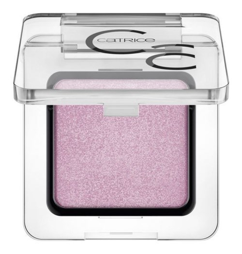 A pink, shimmery eyeshadow in a small clear plastic container with a lid showing a brand logo.