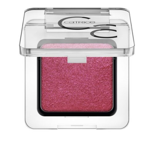 En liten rosa ögonskugga i ett tydligt plastfodral med genomskinlig lock.