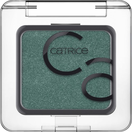 A green eyeshadow in a clear plastic case with the brand name 'Catrice' on it.
