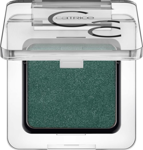 Green eyeshadow in a transparent plastic compact with a lid and the brand name 'Catrice' on top.
