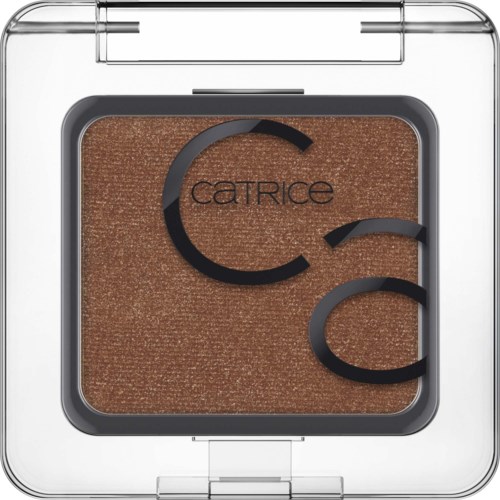 Brown eyeshadow with a Catrice logo and two curved black lines for decoration in a clear case.