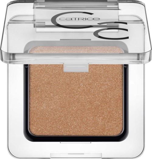 A square compact with shimmery beige eyeshadow, clear lid, and black branding on top.