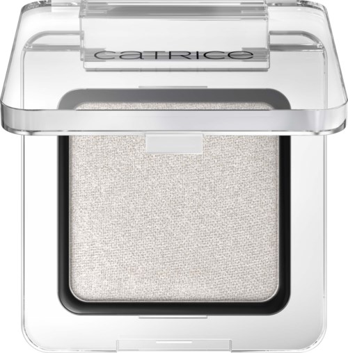 A small, square makeup powder in a clear plastic case with a transparent lid and the brand name 'Catrice' on top.