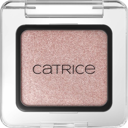 A pink eyeshadow inside a clear plastic compact case with the brand name CATRICE on it.