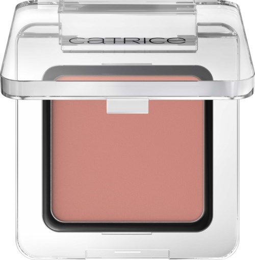 Ein Rouge in einer klaren Plastikschale mit transparentem Deckel, beschriftet 'Catrice', in rosa Farbe.