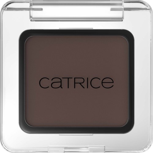 A makeup eyeshadow in a clear square plastic container with the brand name Catrice on it.