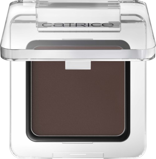 A brown eyeshadow in a clear plastic compact with a sliding lid labeled "Catrice."
