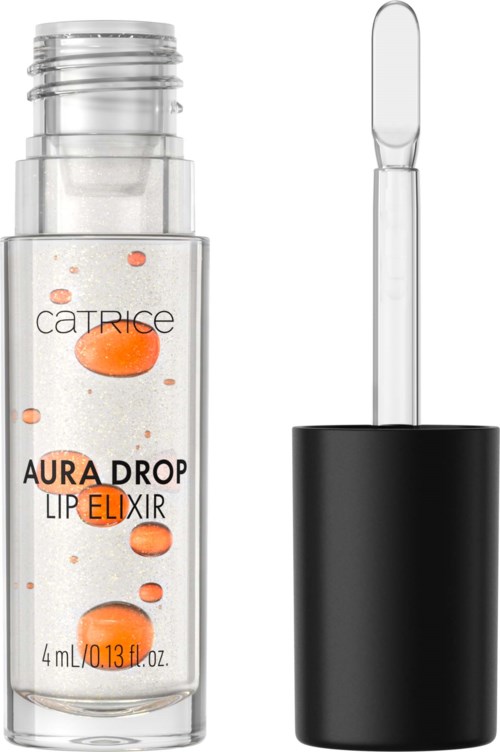 Eine kleine transparente Flasche mit orangefarbenen Tropfen und schwarzem Deckel mit Pinsel für Lipgloss.