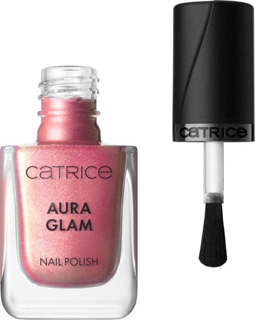 Roze nagellakflesje met zwarte kwast, gelabeld 'Catrice Aura Glam Nail Polish'.