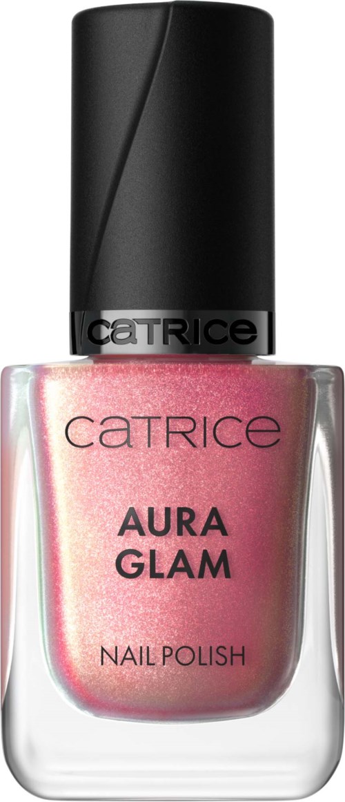 Roze nagellak in een glazen fles met zwarte dop, gelabeld CATRICE Aura Glam.