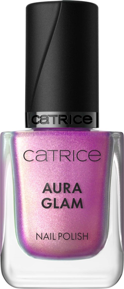 Een flesje Catrice Aura Glam nagellak met glanzende, roze-paars kleur en zwarte dop.