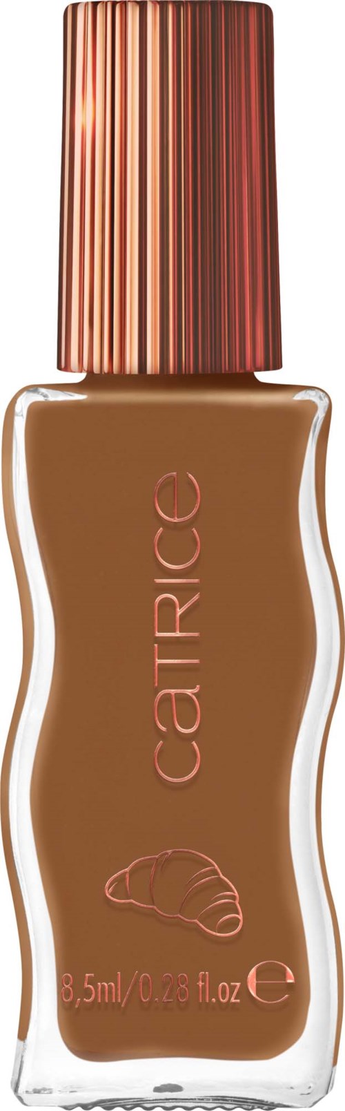 Catrice liquid foundation in a clear bottle with a striped bronze cap, showing a brownish product inside.
