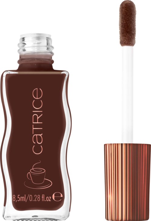 Liquid lipstick with a doefoot applicator, in a copper-colored bottle, used for makeup.